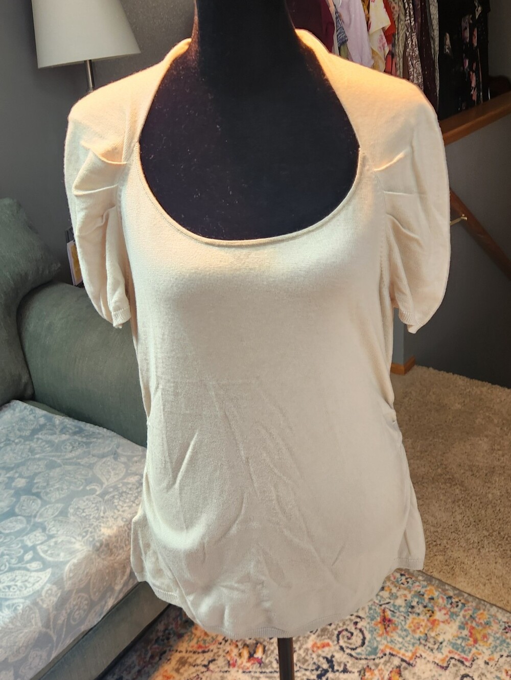 Ann Taylor Beige Scoop Neck Short Sleeve Top Silk & Cotton Blend Large